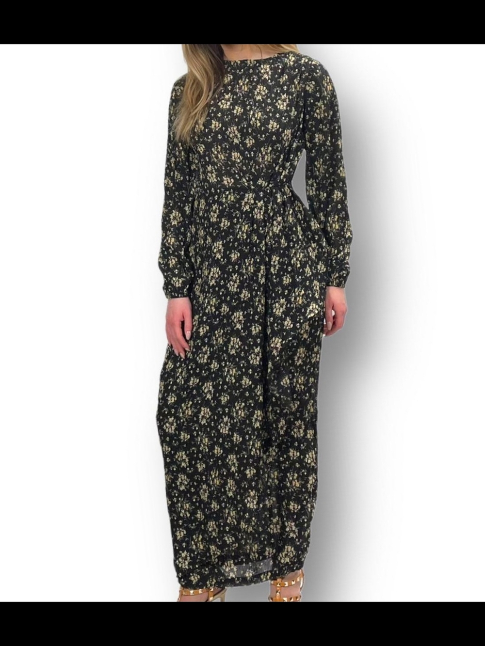Elegant Floral Print Long Sleeve Dress Size L Modest Maxi Wedding Guest Gathered